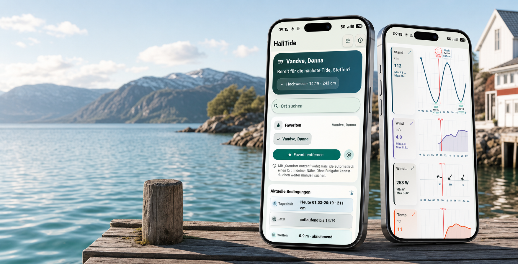 HaliTide App-Screens vor einer ruhigen norwegischen Küstenlandschaft